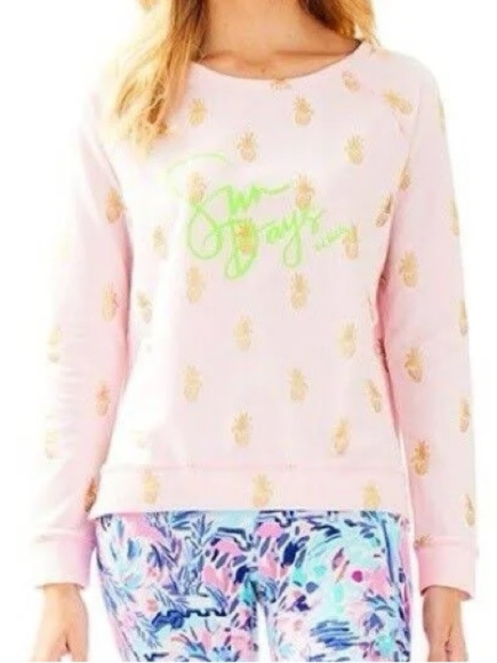 Lilly Pulitzer Pink Sweatshirt with Gold Pineapple Print and Green Script